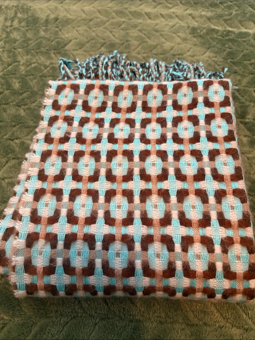 Vintage 100% Cashmere Scarf Geometric Pattern Blue Brown Fringed Germany